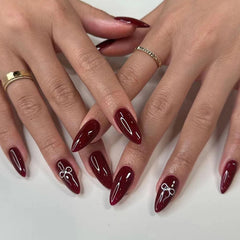 YICKYUE  -  Bowknot Ribbon Pearl Rhinestones Love Heart Press on Nails Japanese Korean Almond Shape Pink False Nail Detachable Fake Art Nail