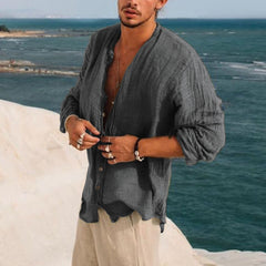 Hearujoy Vintage Men Loose Solid Shirts Stand Collar Long Sleeve Tops Spring Summer Casual Cardigan Retro Shirt Mens Clothes Streetwear