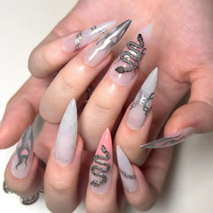 YICKYUE  -  Silver Lines Brown Halo Dyeing Totem Long Pointed Fake Nail Tips Maillard Detachable Finished False Art Nails Press on Nail Glue