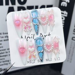 YICKYUE  -  10pcs Aurora Gradient Pink Stiletto Almond Press On Nails Blue Long Fake Nails with 3D Heart Butterfly Sweet Cool Nail Tips Art