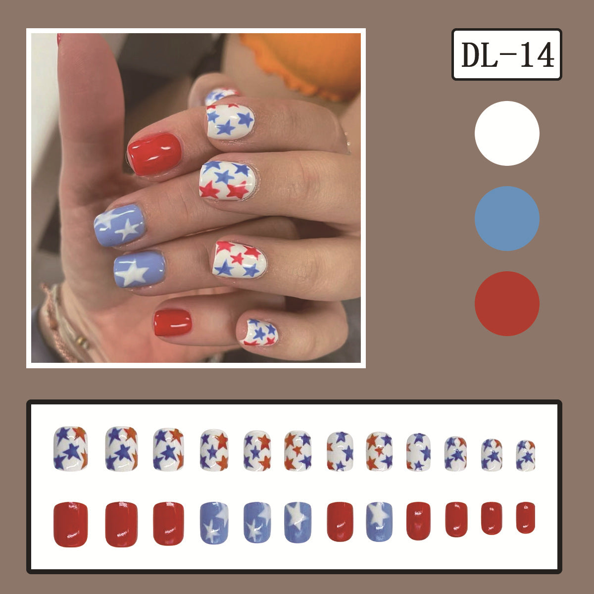 YICKYUE  -  24pcs Short Fake Nail with Blue Red Colpr Five-pointed Star False Nails Summer Full Cover Wearable Press on Nails for Girls