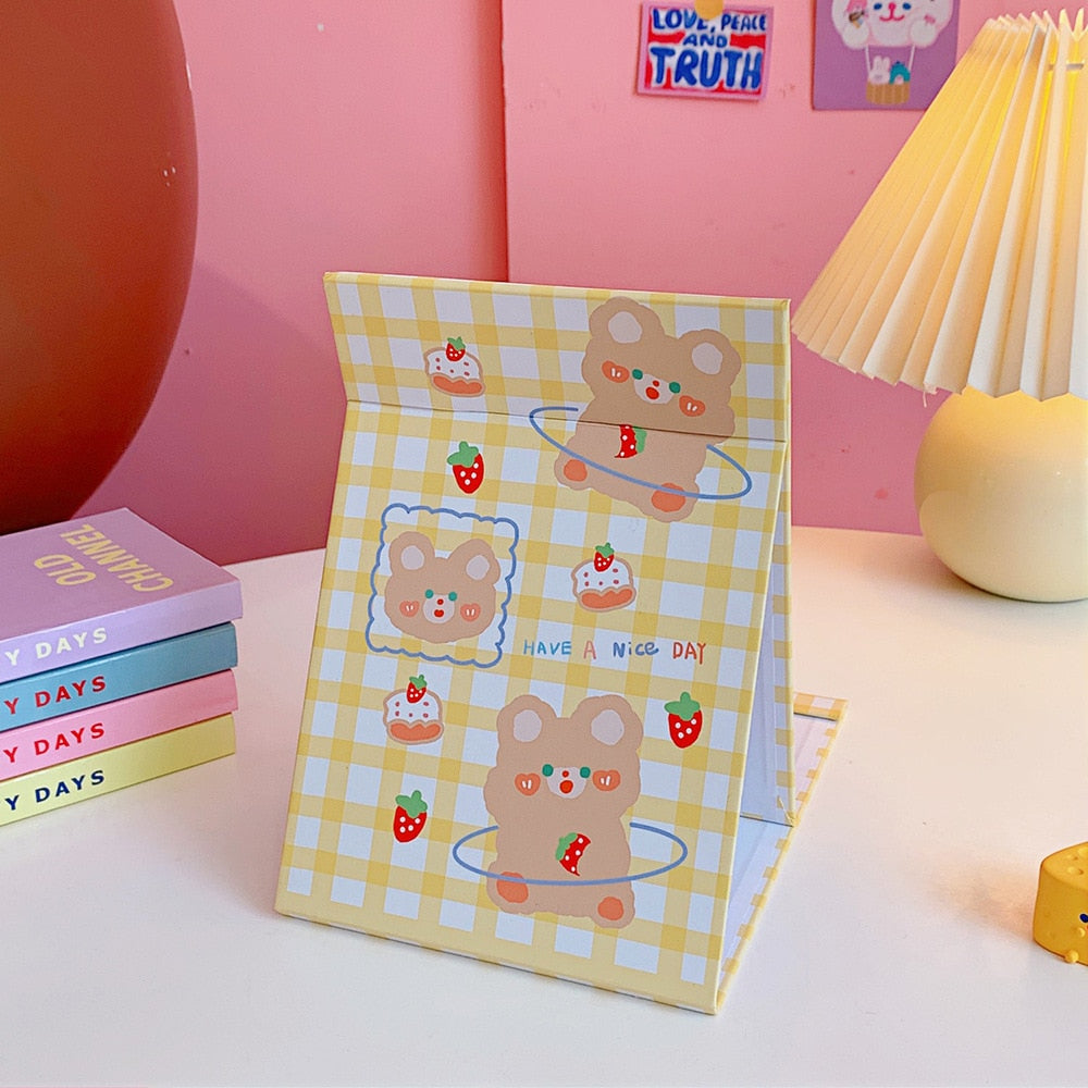 W&G Ins Kawaii Mirror Female Folding Makeup Mirror Cute Student Portable Desktop Mirror Table Desk Stand Soft Bunny Bear Mirrors