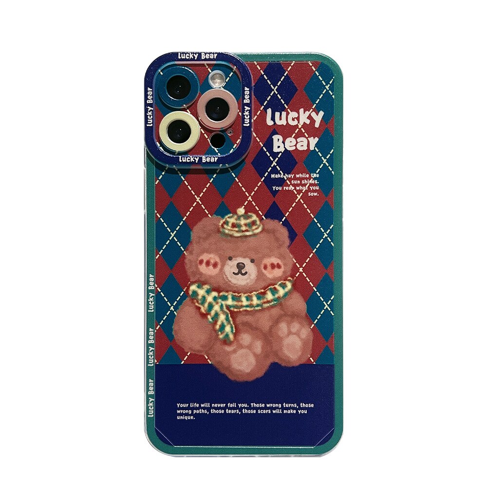 Lucky bear Rhomboid cute phone case for iphone 12 mini x xr 11 13 pro max xsmax 7 8 plus silicone soft cartoon lovely conque