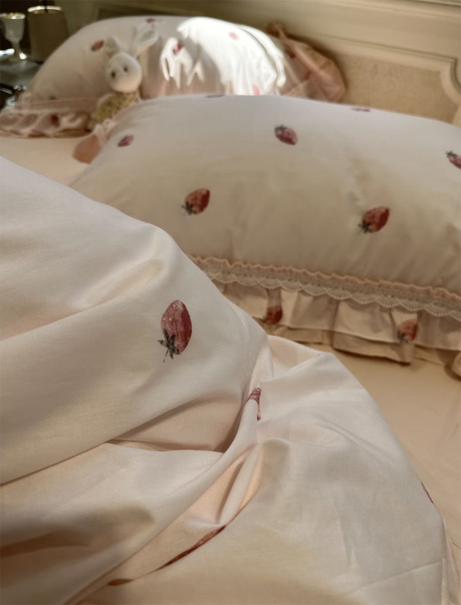 YICKYUE  -  Romantic sweet pink strawberry beding set,twin full queen king fairyfair cotton home textile bed sheet pillow case quilt cover