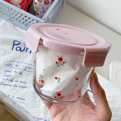 YICKYUE  -  Glass Lunch Box Food Preservation Container Pastoral Retro Flower Soup Bowl with Lid Portable Fruit Salah Bowl for Office Worker