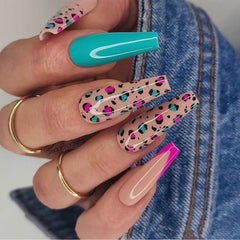 Yickyue Pink Leopard Wave Designs False Nails French Long Coffin Fake Nail Fashion Artificial Full Cover Nail Art Tips Press on Nail