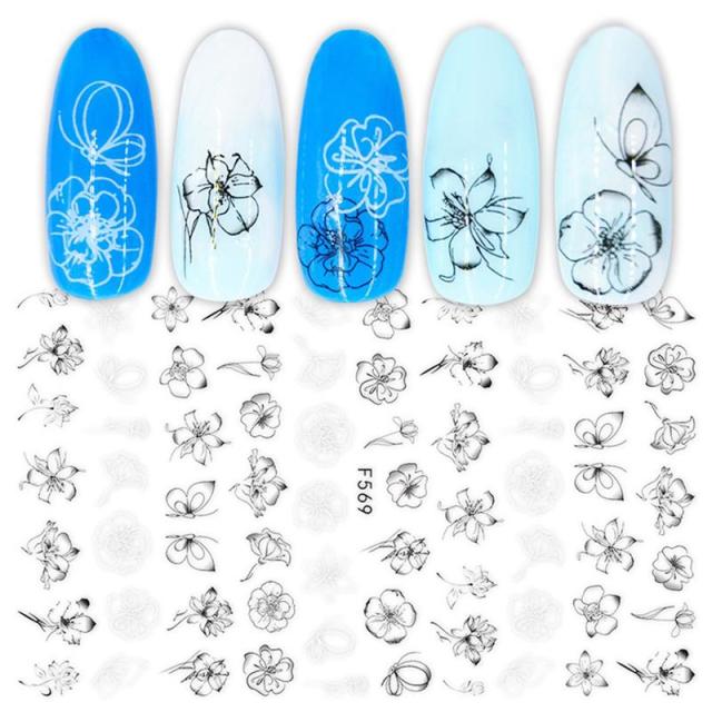 Heart Leaf Design 3D Nail Sticker Black White Transfer Stickers for Nails Sexy Girl Face Self-adhensive Slider Tip Abstract Wrap