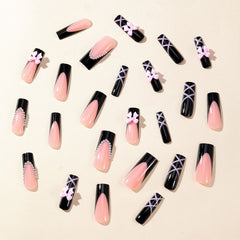 YICKYUE  -  24pcs Long Water Pipe Fake Nails y2k Press On Nails Tips Wearable Black French False Nails Cross Bow Pearl Decoration Full Cover