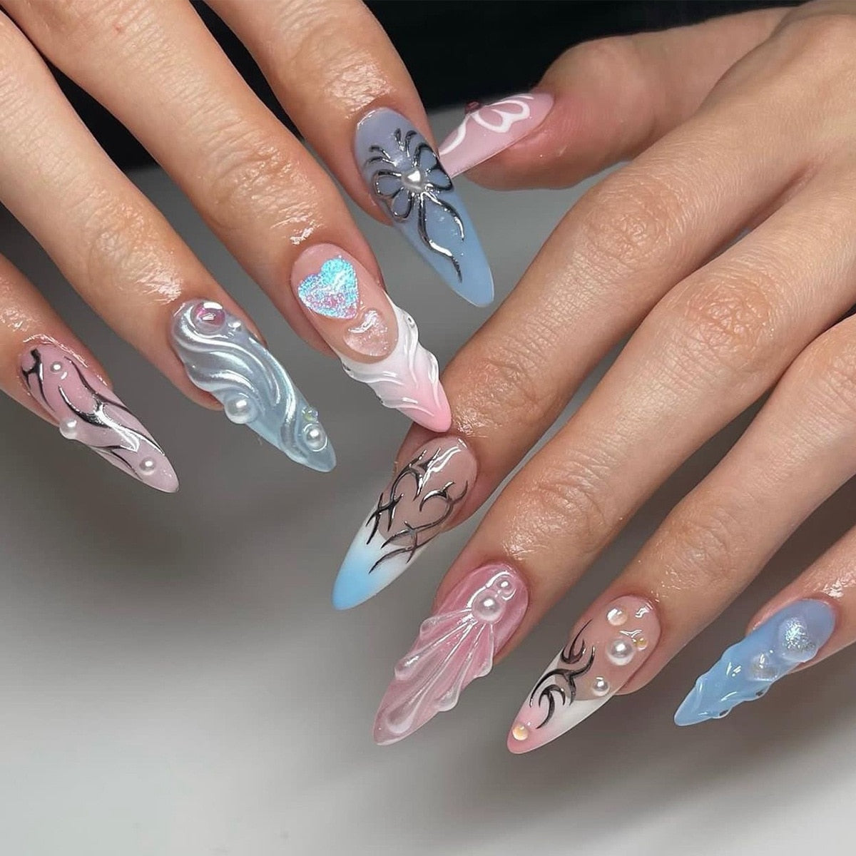 YICKYUE  -  French 3D Colorful Wearable Fake Nail Patch Halo Dyed Y2K Butterfly Square Head False Nails 2024 New Ballet Coffin Press on Nail