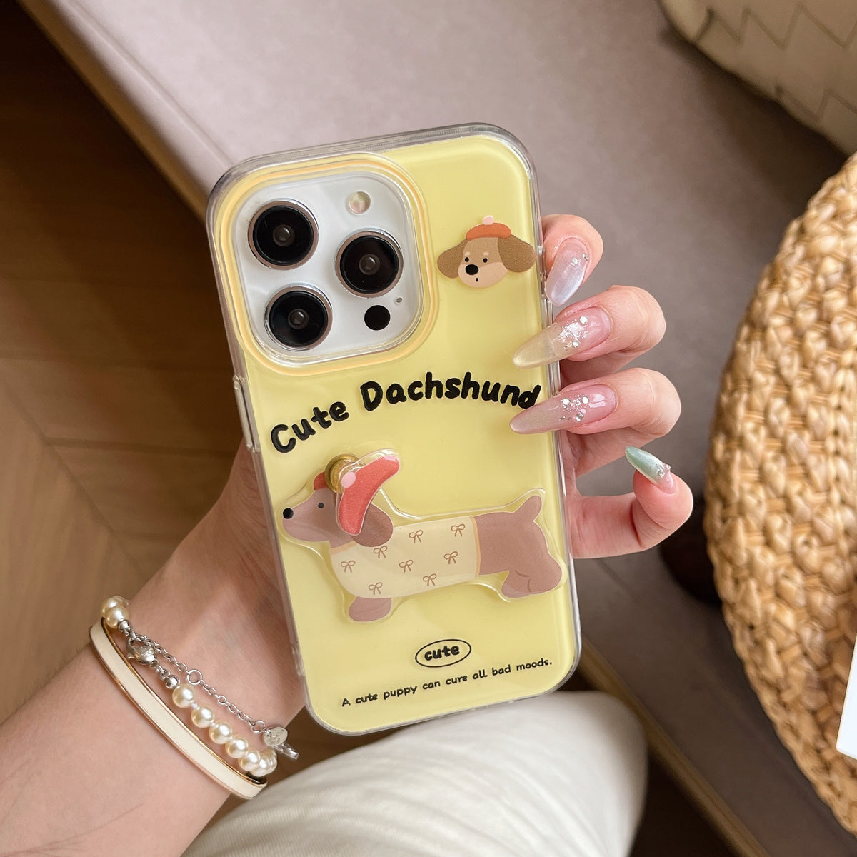 YICKYUE  -  Ins Cartoon 3D Patch Rotating Cute Sausage Dog Phone Case for iPhone 16 15 14 13 Pro Max Back Cover Fund