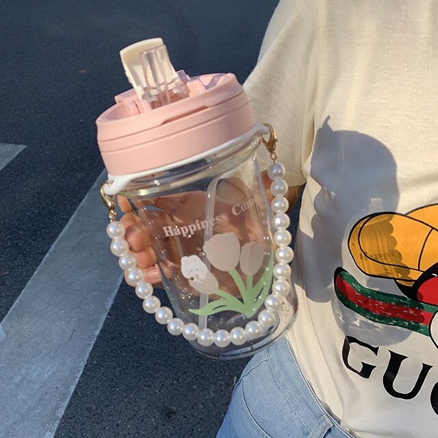 Yickyue 500ML Cute Flower Water Bottle For Girls With Pearl Chain Portable Transparent Glass Double Drinking Coffee Mug Milk Tea Cup