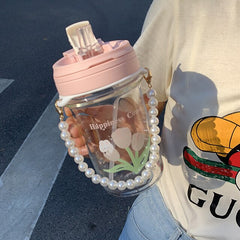 Yickyue 500ML Cute Flower Water Bottle For Girls With Pearl Chain Portable Transparent Glass Double Drinking Coffee Mug Milk Tea Cup