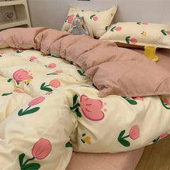 Yickyue INS Cream Style Bedding Set Duvet Cover Soft Queen Full Twin Size Floral Flat Bed Sheet Girls Pastoral Quilt Cover Pillowcase