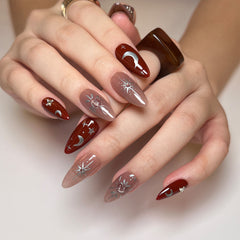 YICKYUE  -  Goth Style False Nails Moon Star Printed Glossy Almond Fake Nail Patch Korean Cool Artificial Nails Tips Wearable Free Shipping