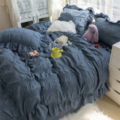 Korean Princess Seersucker Kawaii Bedding Set Lovely Ruffles Girl Duvet Cover Set Solid Color Soft Comfortable Bed Sets 220x240