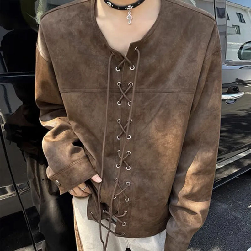 Hearujoy Vintage Heavy Weight PU Leather Jacket For Men Spring And Autumn Double Breasted Drawstring Long Sleeve Tops Outdoor Loose Coat