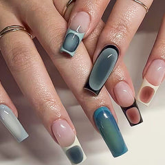 YICKYUE  -  24pcs French Flowers Pattern False Nails Blue Blush Design Fake Nail Patch Full Cover Wearable Long Ballet Coffin Press on Nails