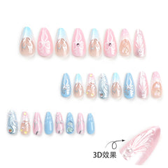 YICKYUE -  24PCS Long Almond French nails silver 3D Luxury designs Y2k nails press on False Nails Removable Fake artificial Nails Finished
