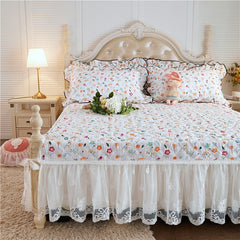 Good Quality 100% Cotton Quilted Bed Skirt King Queen Size Cute Floral Printed Romantic Lace Bedspread Not Including Pillowcase