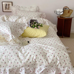 Yickyue 100% Cotton Vintage Rose Flowers Ruffled Duvet Cover Set for Girls Twin Queen 3/4pcs Machine Washable Breathable Bedding set