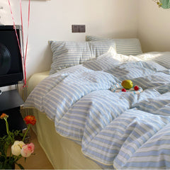 YICKYUE  -  Korean Style Bedding Set - Ultra Soft Washed Cotton 4pc w/ Contrast Edging