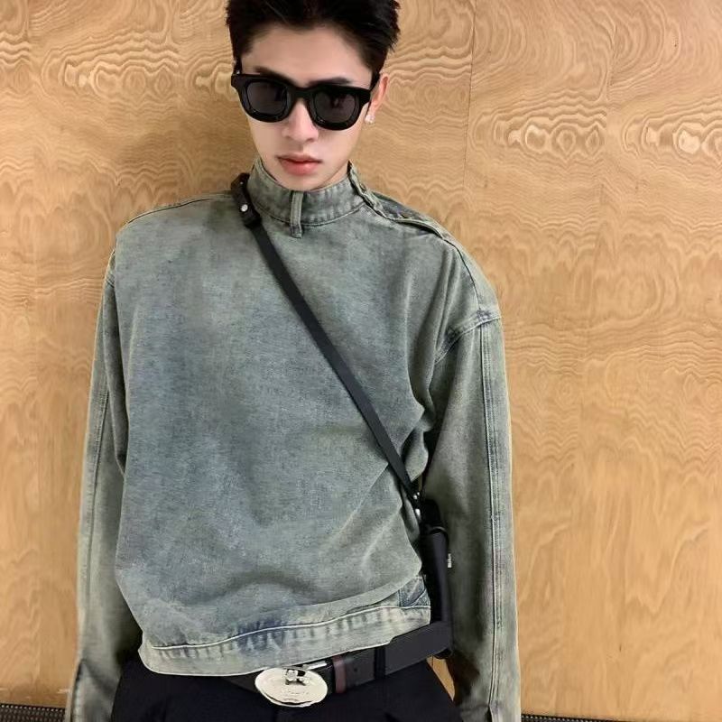 Hearujoy Vintage Distressed Men's Denim Sweatshirt Release High Collar Luxury Design Tops Pullover Autumn  Winter Harajuku Unisex Hoodie