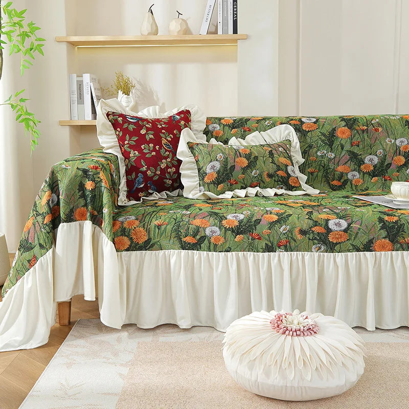Pastoral Retro Printed Sofa Cover with Skirt All-Inclusive Floral Sofa Towel for Four Seasons Luxury Soft Furniture Protector