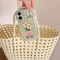 YICKYUE  -  Korean ins Green Grid Patterned Potted Plant Flowers Phone Case for iPhone 16 15 14 13 Pro Max Back Cover Fund