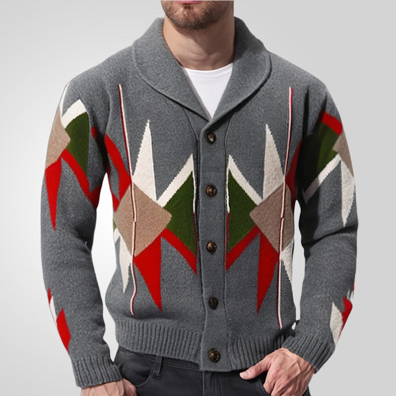 Hearujoy Autumn Winter Vintage Heavy-duty Jacquard Sweater Men Lapel Thick Knit Cardigan British Style Geometric Patterns Knitwear Coat