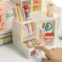 Cute Mini Fridge Pen Holder With Sticker Kawaii Plastic Creative Desk Organizer For Pens Makeup Brush Home Office Storage Box