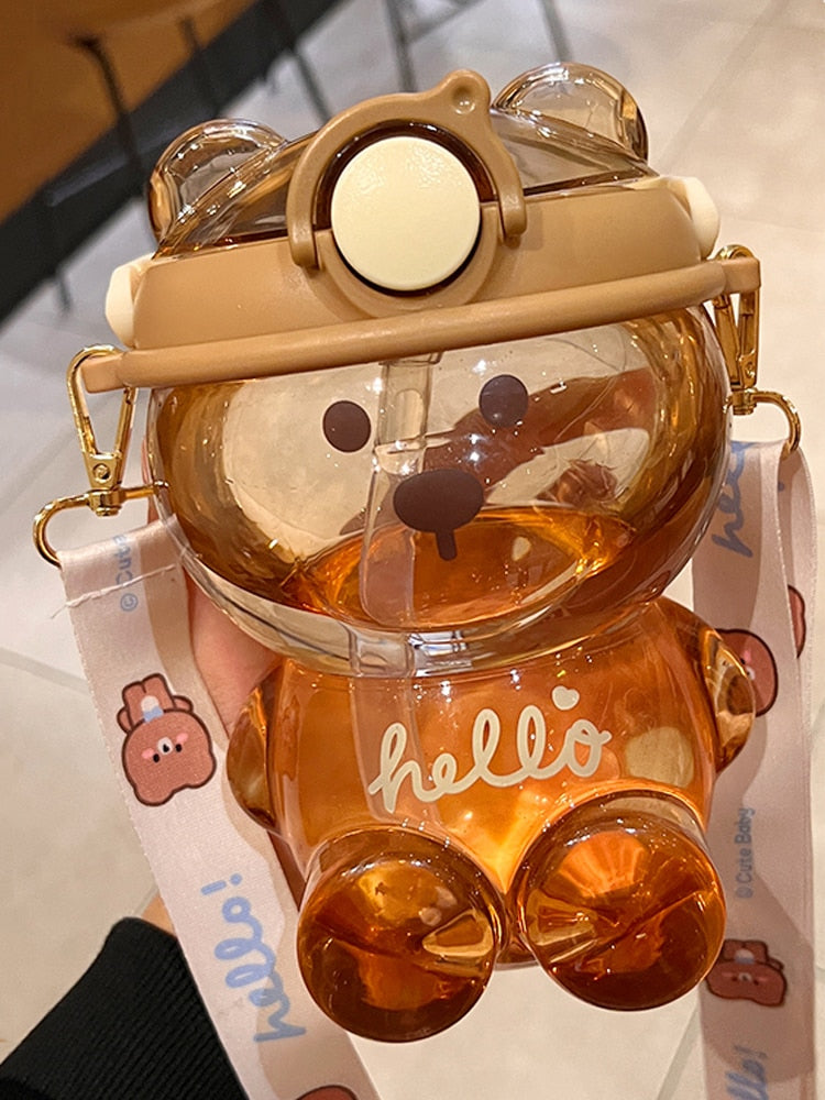 1000 ML Kawaii Bear Kids Straw Water Bottle For Girls Portable Strap Large Plastic Bottles BPA Free School Drinking Water Cup