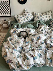 YICKYUE  -  Korean Style Ins Retro Fresh Floral Washed Cotton Bed Four Piece Duvet Set, Student Dormitory Bed Sheet Three Piece Set