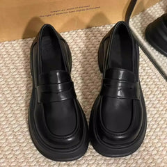 YICKYUE  -  Women's Retro British Style Black Leather Shoes 34-46 Large Size Uniform Single Shoes Thick Bottom Flat Heels round Toe