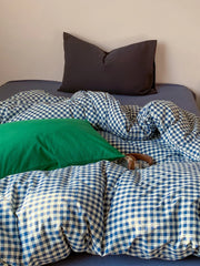 Retro Blue Cotton Quilt Cover Set Waed Plaid Bedding Four-Piece Set Pure Cotton eet Duvet Cover Bedding Accories