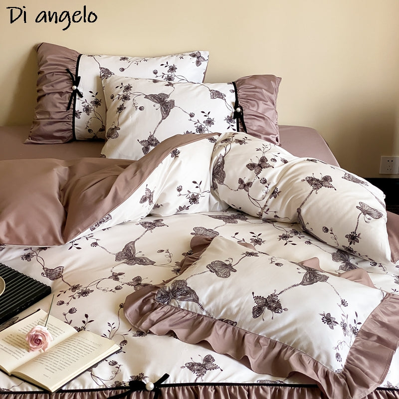 YICKYUE  -  French Vintage Bow Egyptian Cotton Queen King Bedding Sets Flower Digital Printing Bed Linen Duvet Cover Bed Sheet Pillowcase#/L