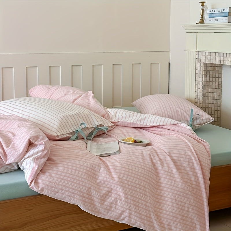 YICKYUE  3pcs, New Korean Style Bow Design Cotton Set: Duvet Cover*1 + Pillowcases*2, Korean Bow Design, Standard Size A, Striped Pattern with Bow Decoration, Stylish and Elegant