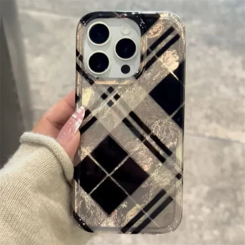 YICKYUE  For iPhone 16 Pro Max Case Retro Black Gold Diamond Grid Pattern Case For IPhone Case 16 15 14 13 12 11 XR XS Max 7 8 Plus Cover