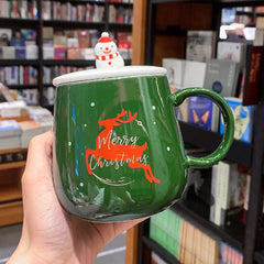 New 450ml Christmas Mug With Tree Elk 3D Sticker Spoon Cartoon Large Ceramic Water Breakfast Coffee Cup With Lid And Spoon Gift