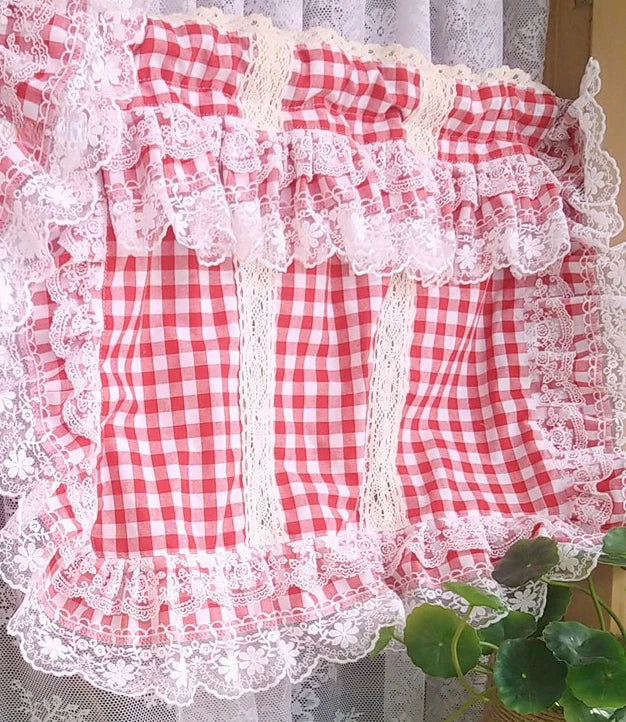 YICKYUE  -  Girl Room Cute Plaid Pattern Short Curtain for Living Room Lace Patchwork Decorative Princess Style Small Curtains Home Decor