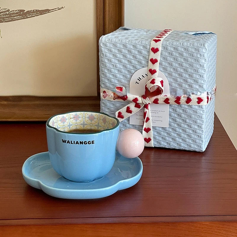YICKYUE  -  Retro Underglaze Colored Ceramic Coffee Cups and Plates Latte Flower Cups Afternoon Tea Cups and Plates