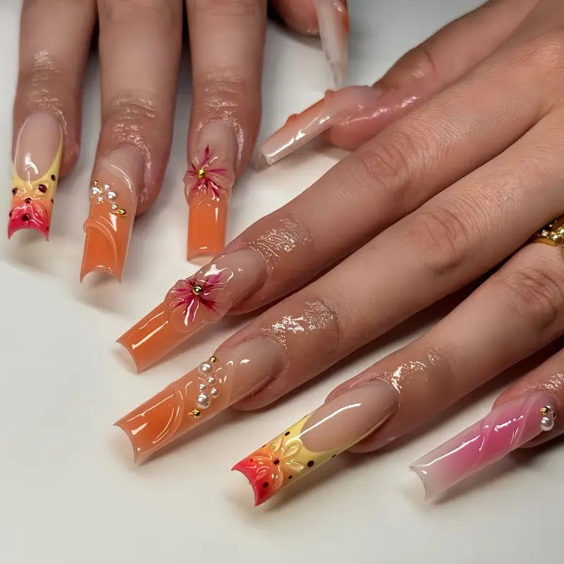 YICKYUE  -  24pcs Long Ballet Y2k Nails Press On Nails 3D Sweet Flower Orange Gradient False Nails With Cute Pearl Decor Finished Fake Nails
