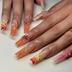 YICKYUE  -  24pcs Long Ballet Y2k Nails Press On Nails 3D Sweet Flower Orange Gradient False Nails With Cute Pearl Decor Finished Fake Nails