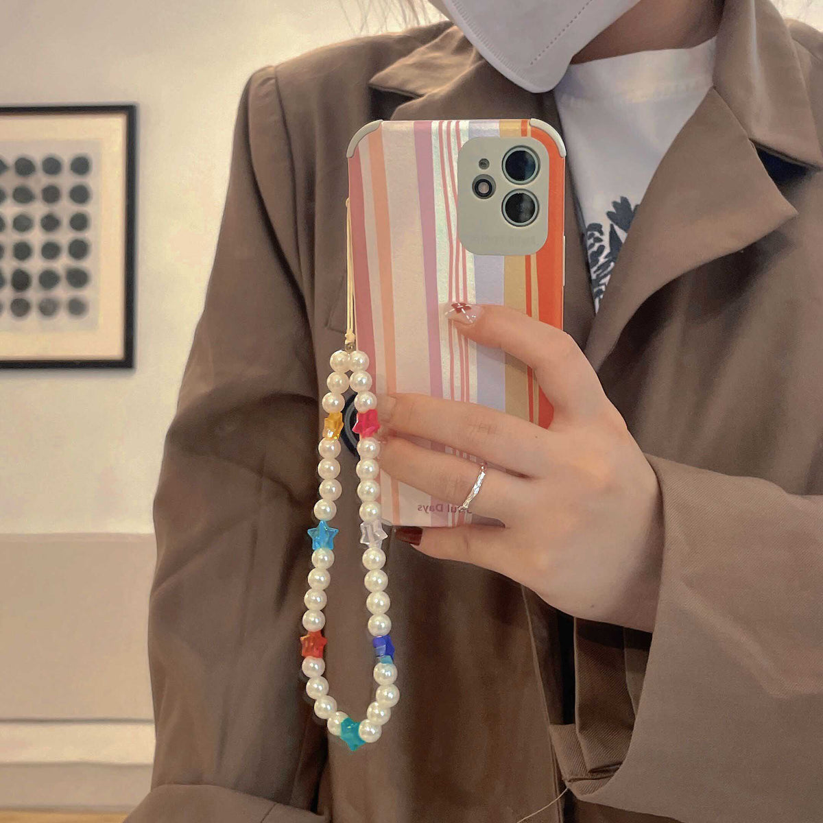 Pearl bracelet rainbow line leather phone case for iphone 8 7 plus xsmax x xr 12 11 promax cute Lanyard soft silicone cover capa