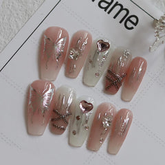 YICKYUE  -  10Pcs Y2k Handmade Press On Nails Long French Coffin Fake Nails Full Cover Butterfly Design Artificial Manicure Wearable Nail Ti
