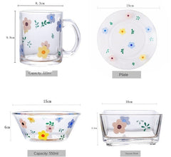 Korean Style Fresh and Lovely Flower Glass Bowl Breakfast Cereal Salad Bowl Glass Cup Heat Resistant Flower Plate