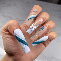 YICKYUE   -  24pcs Long Fake Nails 3D Snowflake Design Matte Blue French Press on Nails for Girls Full Cover Wearable Christmas False Nails