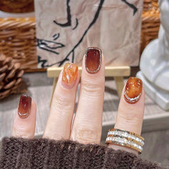 Yickyue Amber Fake Short  Nails Tips Gradient Press on Nails Coffin Full Cover Ballerina Wearable Design Kiss False Nail with Glue