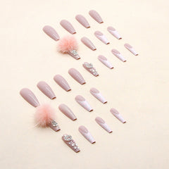 YICKYUE  -  Pink Leopard Print Handmade Press on Nails Cotton Candy Ball Glass Rhinestone Heart-Shaped Decoration French Cute Nail Art