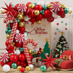 YICKYUE  -  Christmas 159PCS Balloon Garland Arch Kit Red White Gold Green Candy Cane Balloons Xmas Party Decoration Supplies for Home