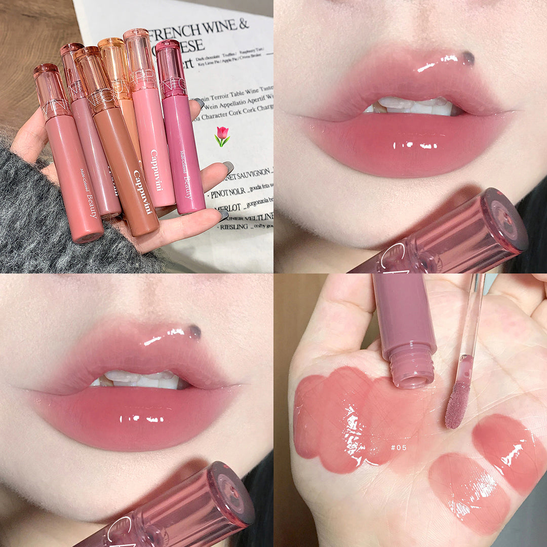 YICKYUE  -  Cherry Red Glossy Tint Lipstick Waterproof Liquid Mirror Water Sexy Red Juice Lip Gloss Moisturizing Transparent Gloss Makeup